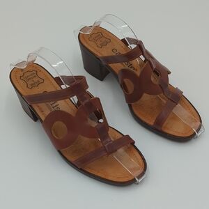 Callisto Brown Leather Block heel Sandals 8 Slide Boho Chic Artisan Women's